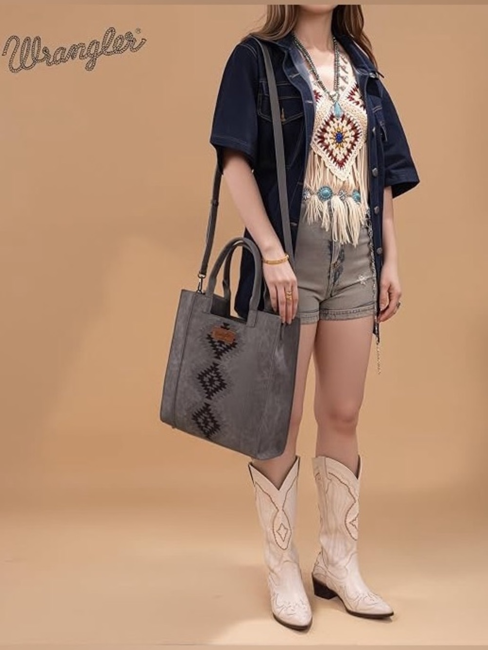 Wrangler NWT Aztec Embroidered Tote Bag Gray Black Western Crossbody